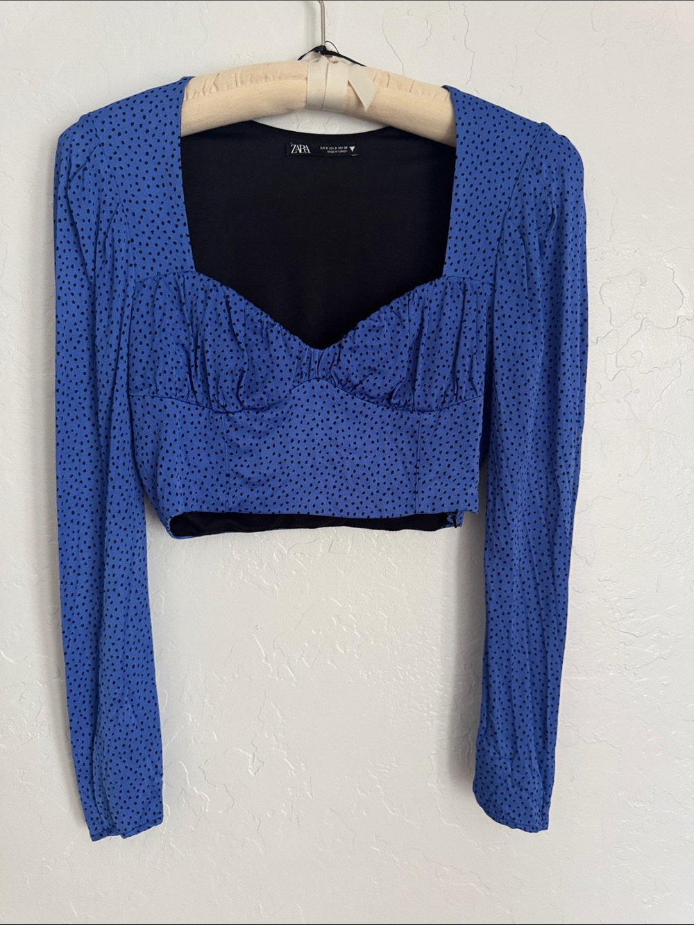 NWOT Zara Royal Blue Polka-Dot Long Sleeve Crop Top Small